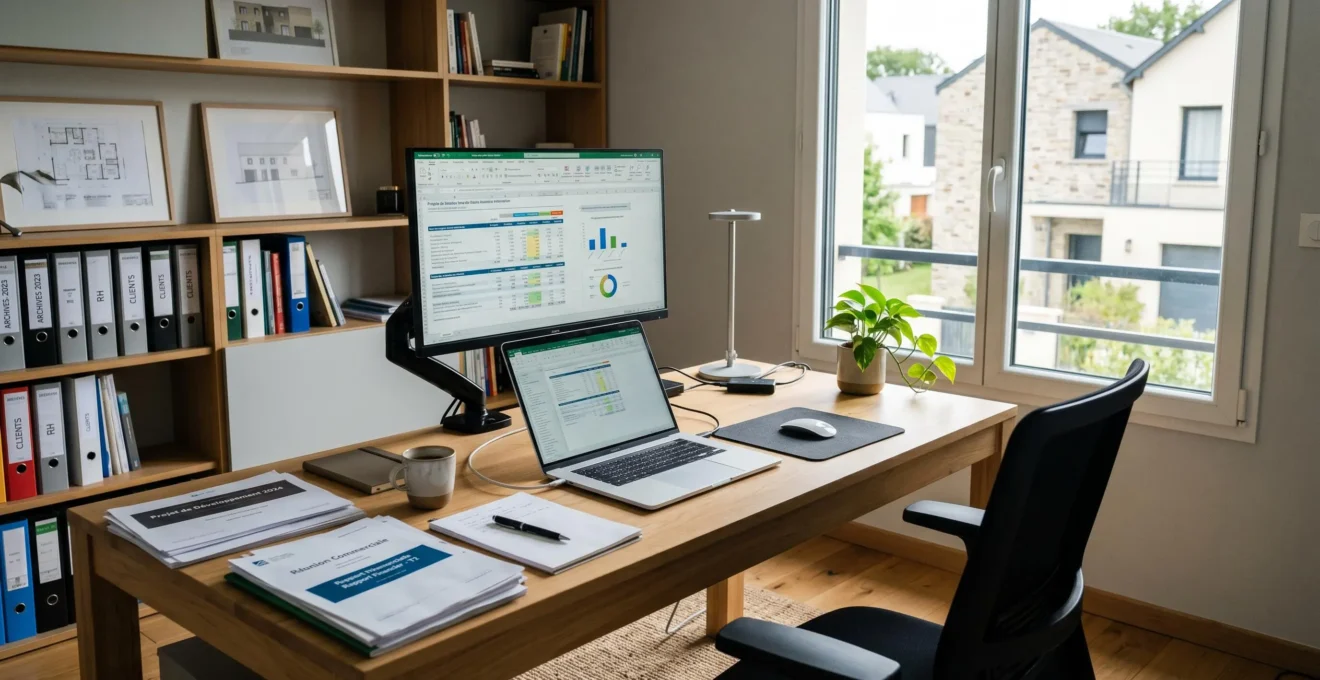 Bureau à domicile professionnel équipé pour le télétravail avec ordinateur portable, écran secondaire et documentation, dans un intérieur français contemporain lumineux