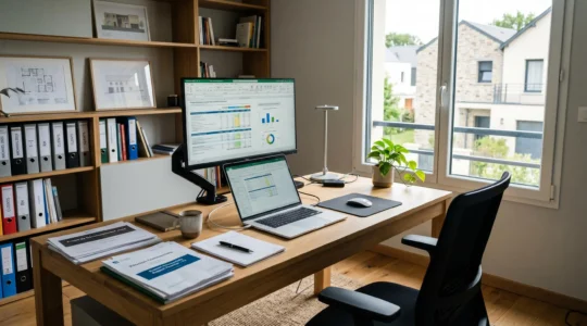 Bureau à domicile professionnel équipé pour le télétravail avec ordinateur portable, écran secondaire et documentation, dans un intérieur français contemporain lumineux