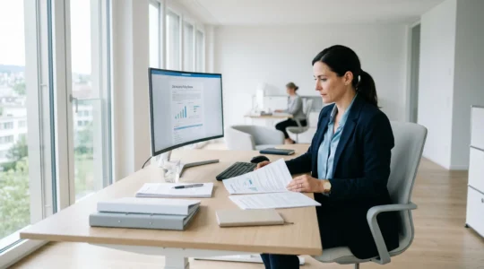 Conseiller financier consultant des documents de contrat d'assurance vie dans un bureau moderne avec éclairage naturel