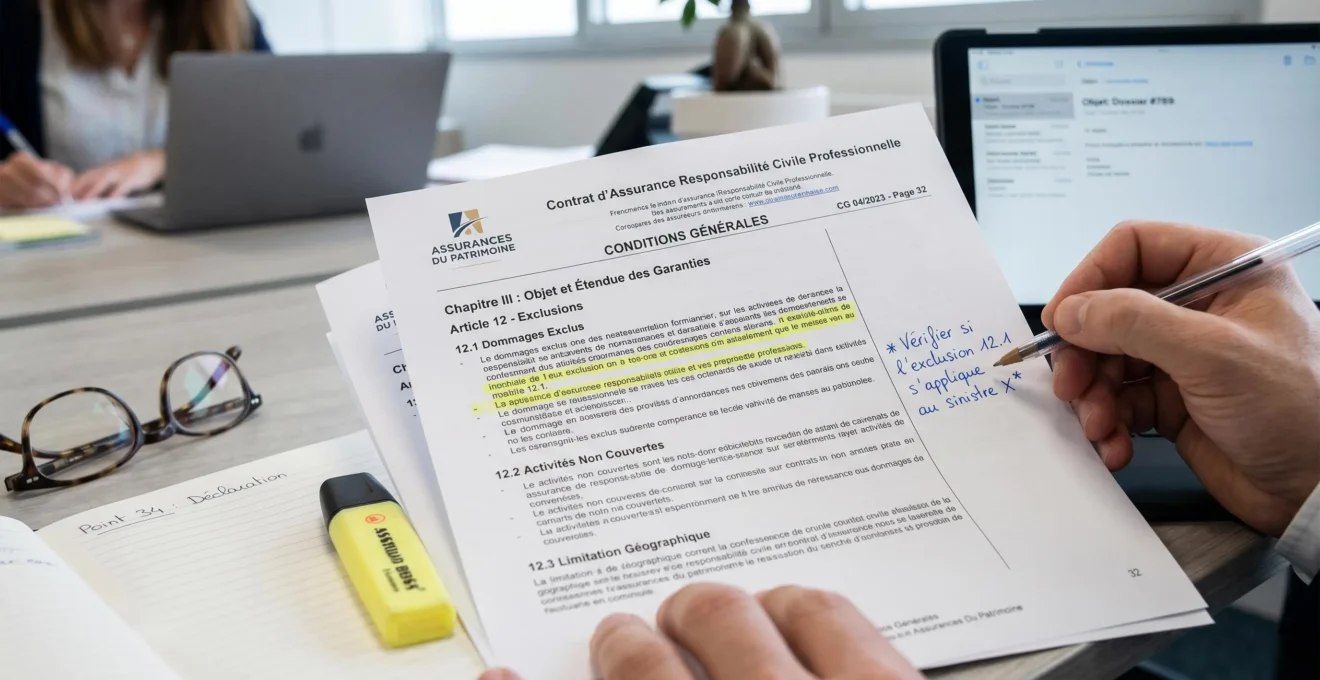 Contrat d'assurance professionnelle ouvert sur un bureau avec annotations manuscrites et surligneur, illustrant l'analyse des clauses