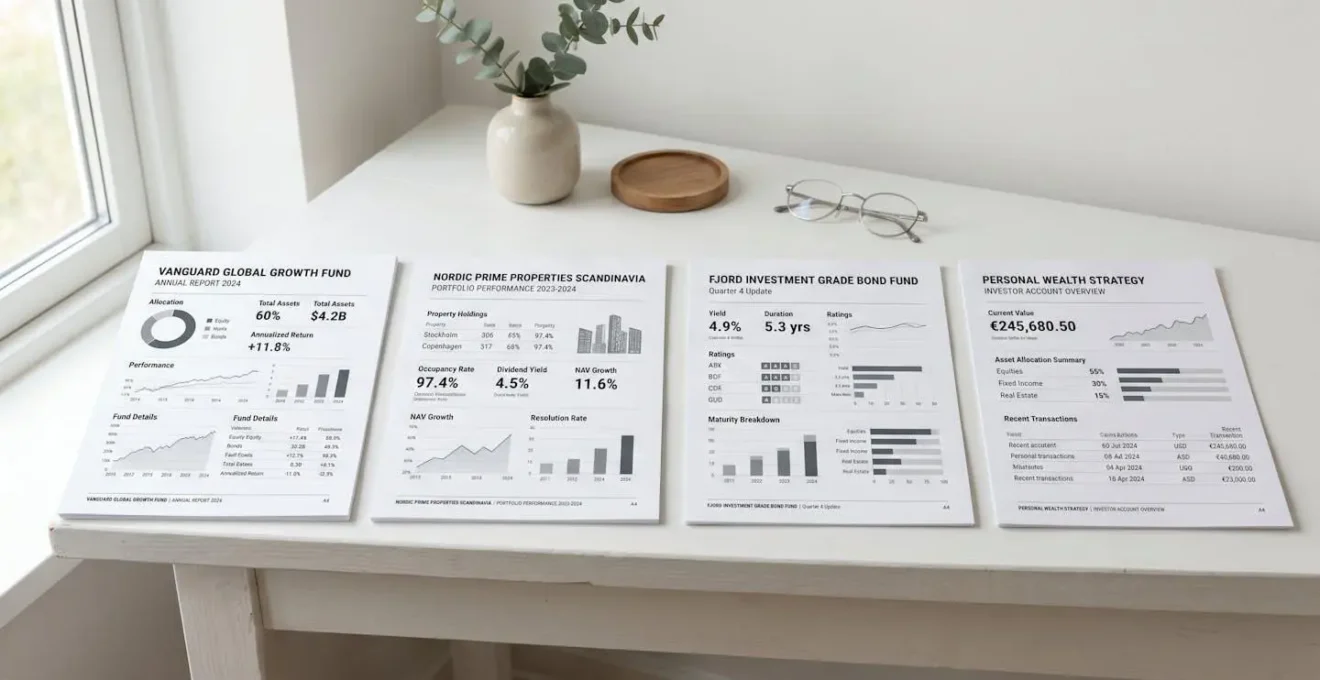 Documents financiers présentant différents supports d'investissement d'assurance vie disposés sur surface claire