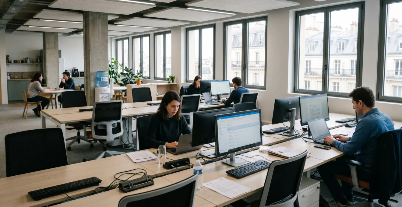 Open space de PME en télétravail hybride avec postes de travail partiellement occupés, illustrant la coexistence présentiel et distance