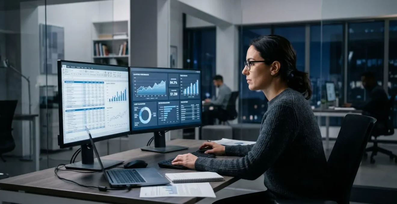 Personne analysant des graphiques de performance et des tableaux d'allocation financière sur écran d'ordinateur
