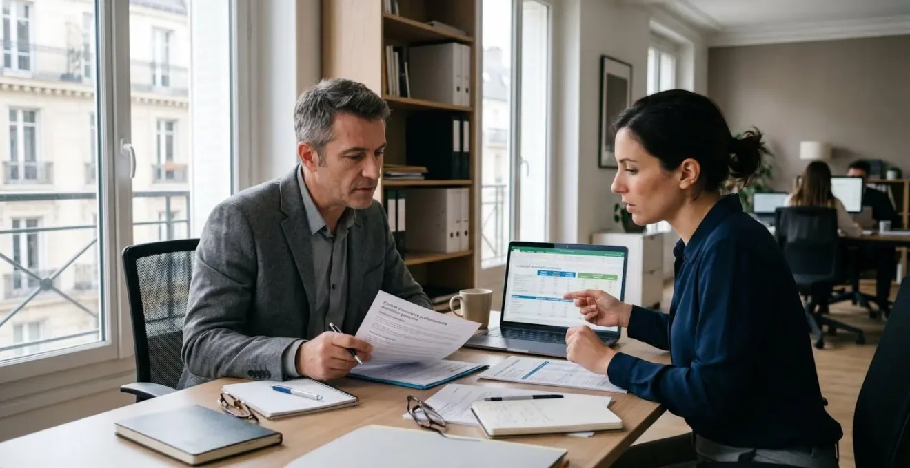 Rendez-vous professionnel entre dirigeant d'entreprise et conseiller en assurance analysant des documents contractuels sur un bureau
