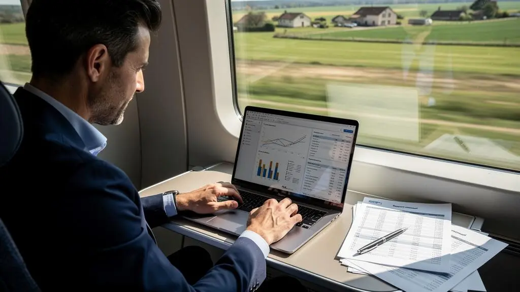 Homme d'affaires consultant une simulation financière sur ordinateur portable dans un train, documents posés à côté, paysage en mouvement visible par la fenêtre