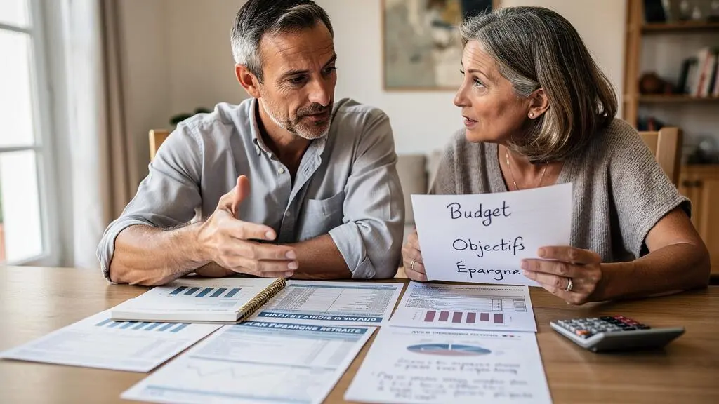 Couple assis à table à domicile discutant de documents de planification retraite et d'épargne, papiers étalés, ordinateur et calculatrice visibles