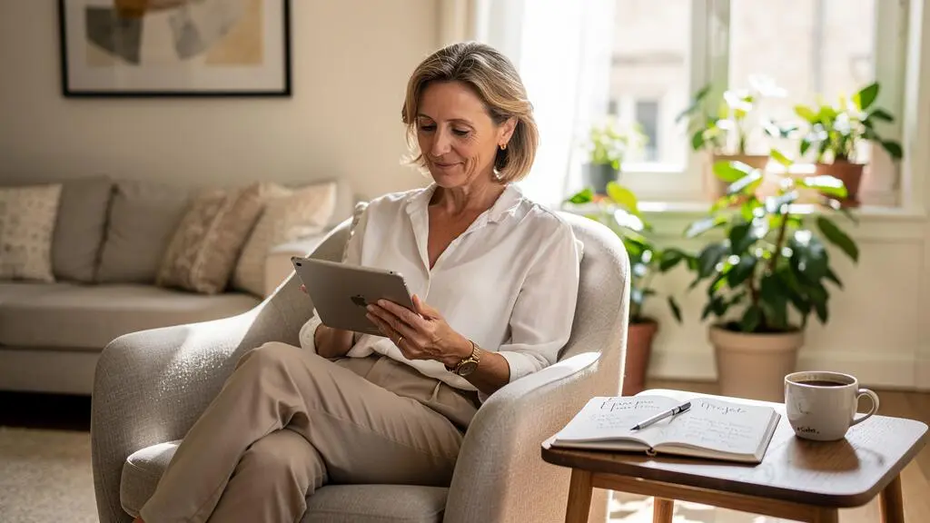 Femme assise dans fauteuil consultant des documents sur tablette, carnet de notes et café à portée de main, salon lumineux avec plantes