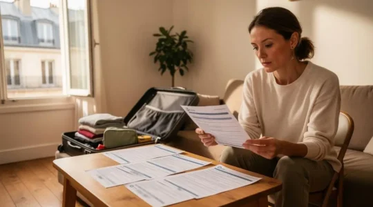 Une femme compare des documents d'assurance voyage posés sur une table pendant qu'elle prépare sa valise dans un appartement.