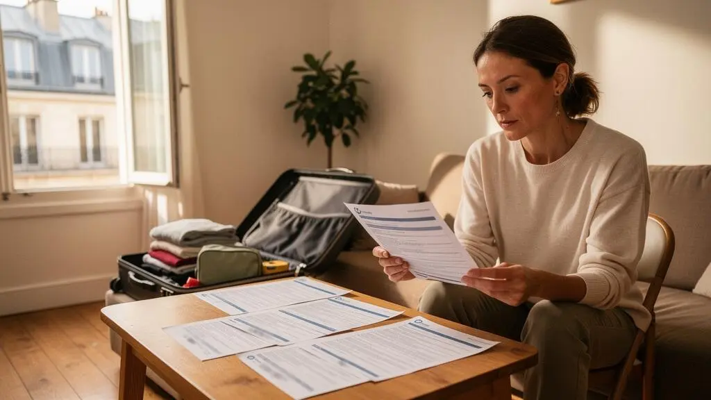 Une femme compare des documents d'assurance voyage posés sur une table pendant qu'elle prépare sa valise dans un appartement.