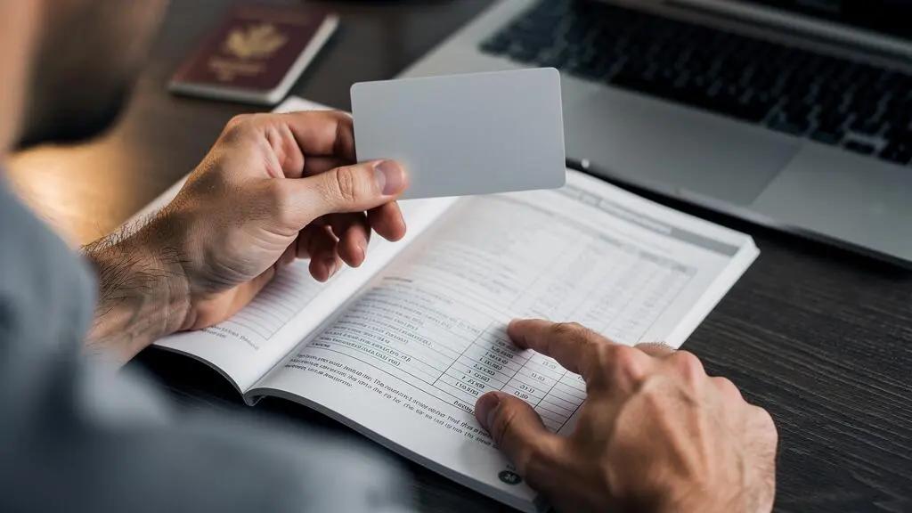 Des mains tiennent une carte bancaire au-dessus d'un document d'assurance ouvert sur un bureau.