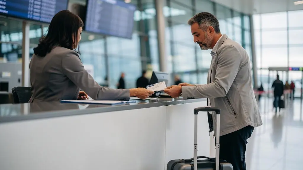 Un voyageur remet son passeport et une attestation d'assurance à un agent à un comptoir d'enregistrement dans un aéroport.